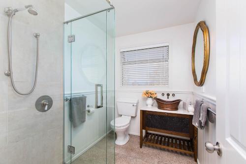 a bathroom with a toilet and a glass shower at Peria Hills Cottage in Matamata