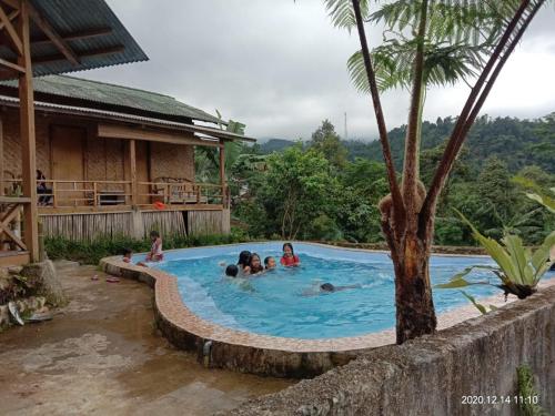 a group of people in a swimming pool next to a house at De Salak Homestay in Bogor