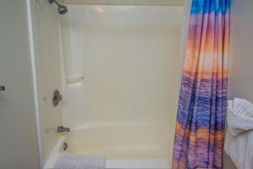 a shower with a colorful shower curtain in a bathroom at Hi-Tide Resort in Moclips