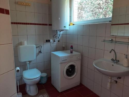 y baño con lavadora y lavamanos. en Ponty-Poronty Vendégház, en Nagybaracska