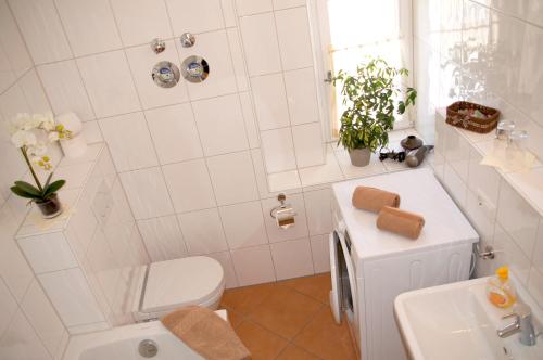 een witte badkamer met een toilet en een wastafel bij Ferienwohnung Simon in Füssen