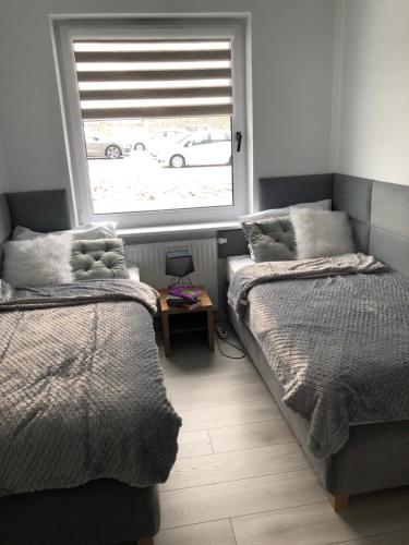 1 Schlafzimmer mit 2 Betten und einem Fenster in der Unterkunft Apartament Happiness in Jelenia Góra