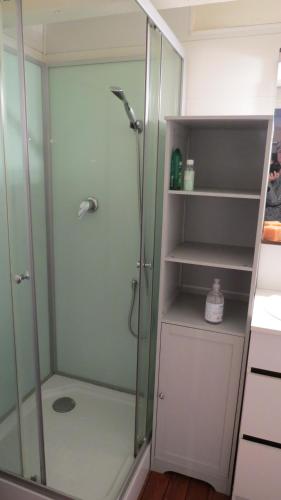 une douche avec une porte vitrée dans une salle de bain dans l'établissement chambre d’hôte naturiste ou pas, à Miniac-Morvan