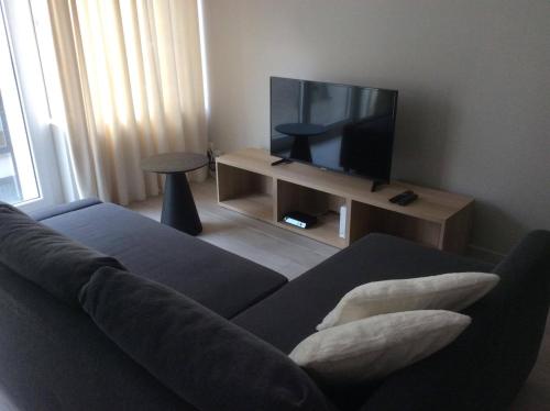 ein Wohnzimmer mit einem Sofa und einem Flachbild-TV in der Unterkunft Ostend Central Residence in Ostende