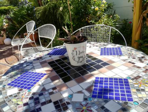 a glass table with a potted plant on top of it at Mountainia Inn in Worcester