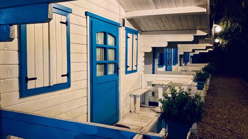 a house with blue windows and a blue door at Manu B&B in Murighiol