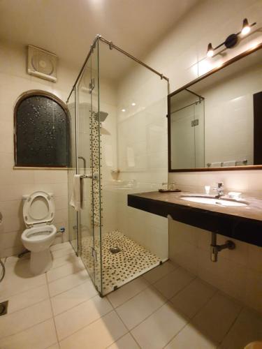 a bathroom with a shower and a toilet and a sink at S Chalet Islamabad in Islamabad