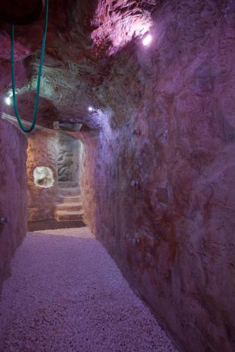 a dark room with a stone wall and a staircase at Hotel Piwniczna SPA&Conference in Piwniczna