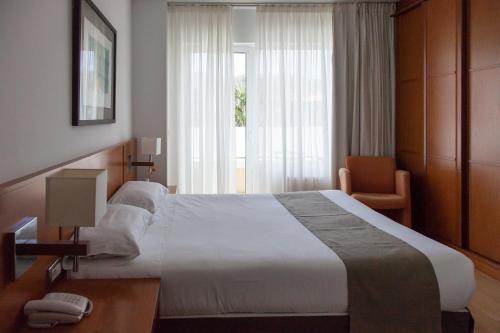 um quarto de hotel com uma cama grande e uma janela em Hotel Miera em Liérganes