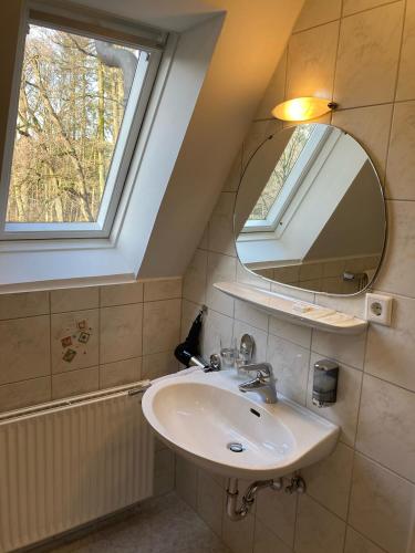 a bathroom with a sink and a mirror at Hotel Wintersmühle in Bielefeld