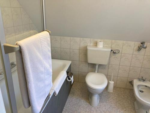 a bathroom with a toilet and a tub and a sink at Hotel Wintersmühle in Bielefeld