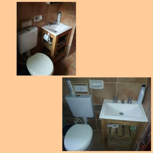 two pictures of a bathroom with a toilet and a sink at Cabaña Pura Vida in Potrerillos