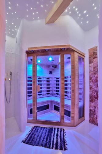 Habitación con ducha y puerta de cristal en Dom na Wichrowym Wzgórzu, en Łętownia Dolna
