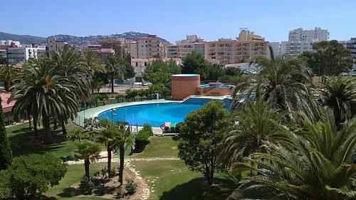 a view of a swimming pool with palm trees and buildings at RNET - IR 7-29 Studios Roses Costa Brava in Roses