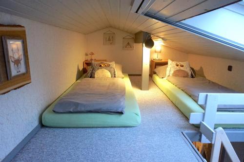 - 2 lits dans une petite chambre avec fenêtre dans l'établissement Ferienhaus Hennesee, à Meschede