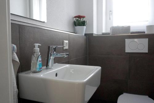 - un lavabo dans la salle de bains avec une bouteille de savon dans l'établissement Ferienwohnung Reimann mit kostenloser AlbCard, à Blaubeuren