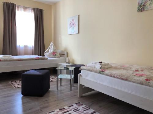 a room with two beds and a table and a window at Pension Hammrich in Neudörfl