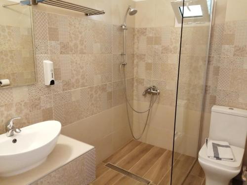 a bathroom with a shower and a sink and a toilet at Filoxenia Sea View in Parga
