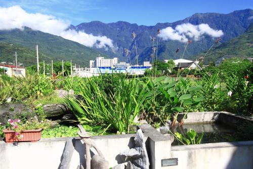 a garden with plants and mountains in the background at Mandheling B&B in Jian