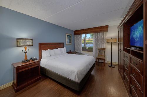 a hotel room with a bed and a television at The Inn On The River in Pigeon Forge