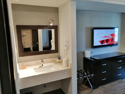 a bathroom with a sink and a mirror at Hotel Nuvo in Saltillo