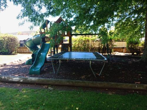 a playground with a trampoline and a playset at Motuoapa Bay Chalets in Turangi