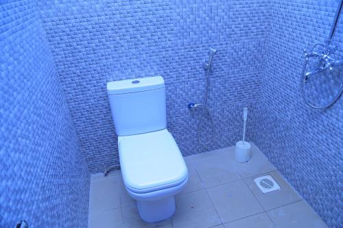 a bathroom with a white toilet and a shower at Red Sox Hotel Ltd in Kampala