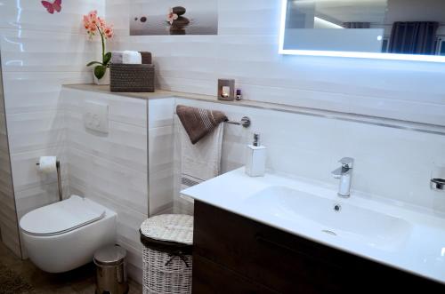 une salle de bains blanche avec toilettes et lavabo dans l'établissement Apartments Rina - Kneže, à Račišće