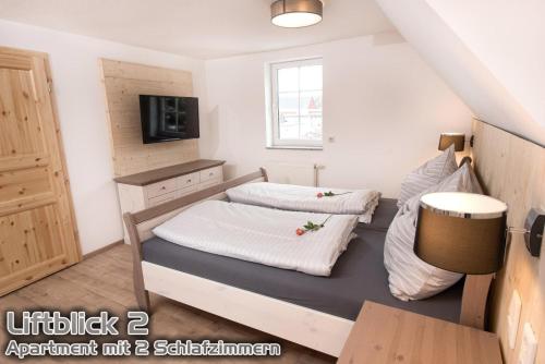 a small bedroom with two beds and a tv at Ferienwohnungen "Liftblick 2 oder 3" im Kurort Altenberg in Kurort Altenberg