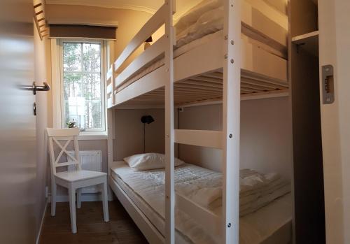 a bunk bed in a bedroom with a bunk bed in a room at Nybyggd stuga intill skogsbrynet - New built cottage next to the cowberry forest in Mora