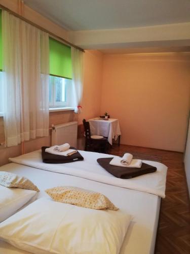 two beds in a room with a table at Guesthouse Arnika in Fužine