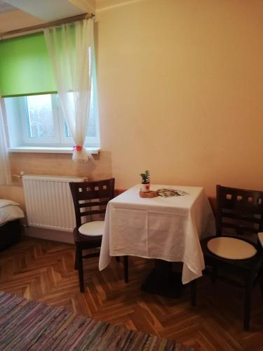 a room with a table and two chairs and a window at Guesthouse Arnika in Fužine