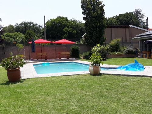 a patio area with a pool and lawn chair at 8 Ibis Lane Guest House in Johannesburg