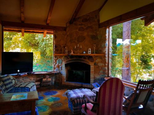 a living room with a fireplace and a tv at Chalé na Serra da Mantiqueira in Campos do Jordão