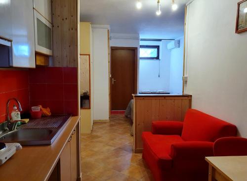 kuchnia z czerwonym krzesłem i zlewem kuchennym w obiekcie Confortevole monolocale in villa w mieście Bracciano