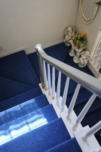 a blue carpeted staircase with a blue floor and a stair case at Tenshino Iruka in Ito