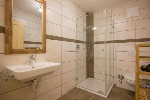 La salle de bains est pourvue d'un lavabo et d'une douche. dans l'établissement Oberfasser, à Westendorf