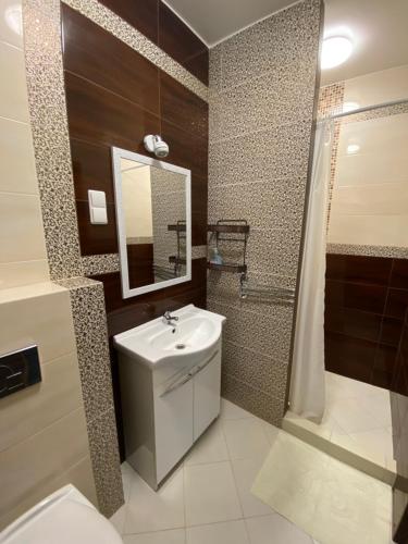 een badkamer met een wastafel, een douche en een toilet bij La-Vanda in Šiauliai