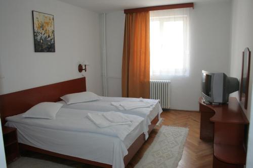 a hotel room with a bed and a television at Hotel Merkur in Miercurea-Ciuc
