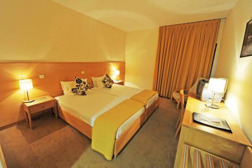 um quarto de hotel com uma cama e uma televisão em Hotel Bienestar Termas de Moncao em Monção