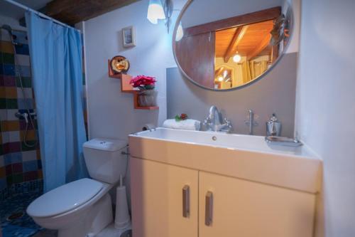 een badkamer met een toilet, een wastafel en een spiegel bij La Canela in Santa Cruz de la Palma