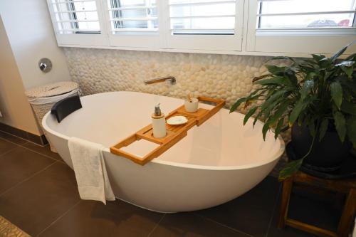 a bath tub in a bathroom with a plant at Sedekah on Bristol in Torquay