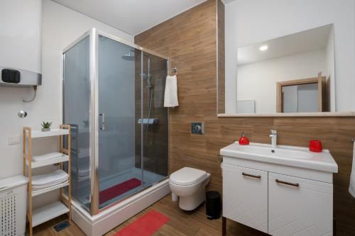 a bathroom with a shower and a toilet and a sink at VILA ROZA in Prožura