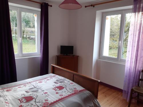 une chambre avec un lit et deux fenêtres dans l'établissement Au Domaine des oiseaux, à Montredon