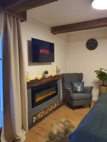 a living room with a fireplace and a tv at Kozma Apartment Gerlitzen in Kanzelhöhe