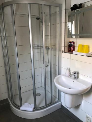 y baño con ducha y lavamanos. en attraktives 2-Zimmer-Apartment mit Ausblick en Jena