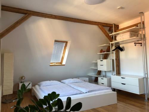 um quarto com uma cama e uma janela em attraktives 2-Zimmer-Apartment mit Ausblick em Jena