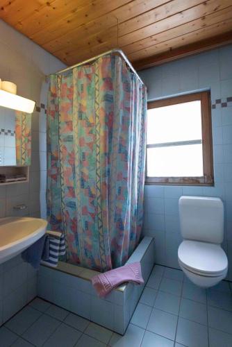 a bathroom with a shower curtain and a toilet at Apartment Madlaina in Samnaun