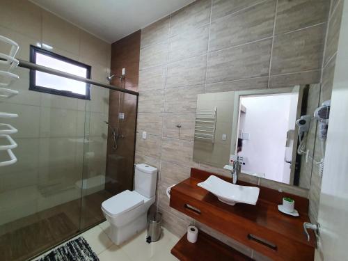 y baño con aseo, lavabo y espejo. en Ganso Complexo de Lazer, en Lambari