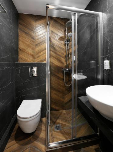 a bathroom with a shower and a toilet and a sink at Skianthion in Skiathos Town